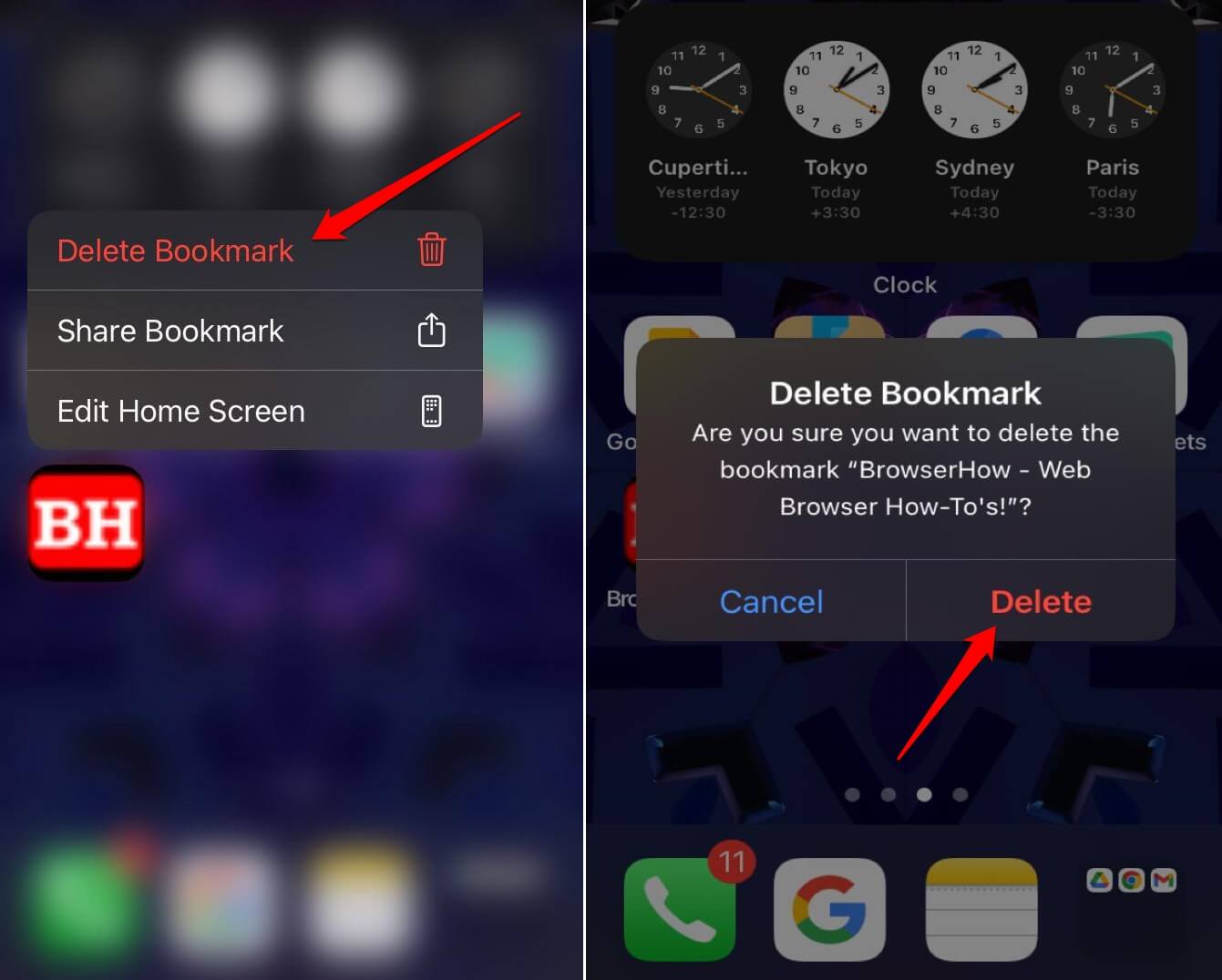 delete Edge site shortcut from iPhone homescreen
