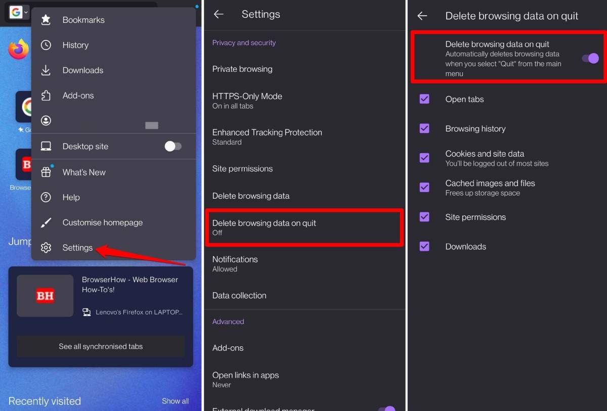 delete search history on Firefox Android upon quit