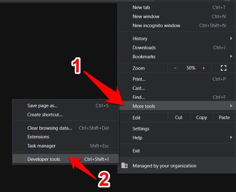 Developer Tools options in Chrome Menu list
