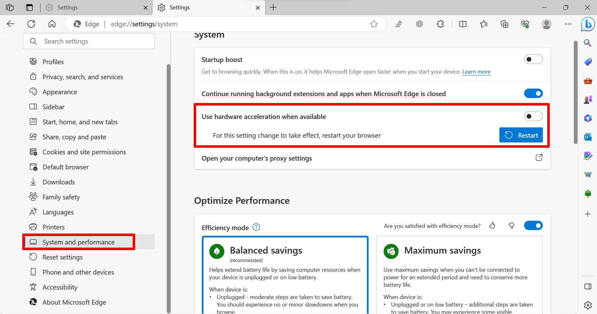 disable hardware acceleration on Edge browser
