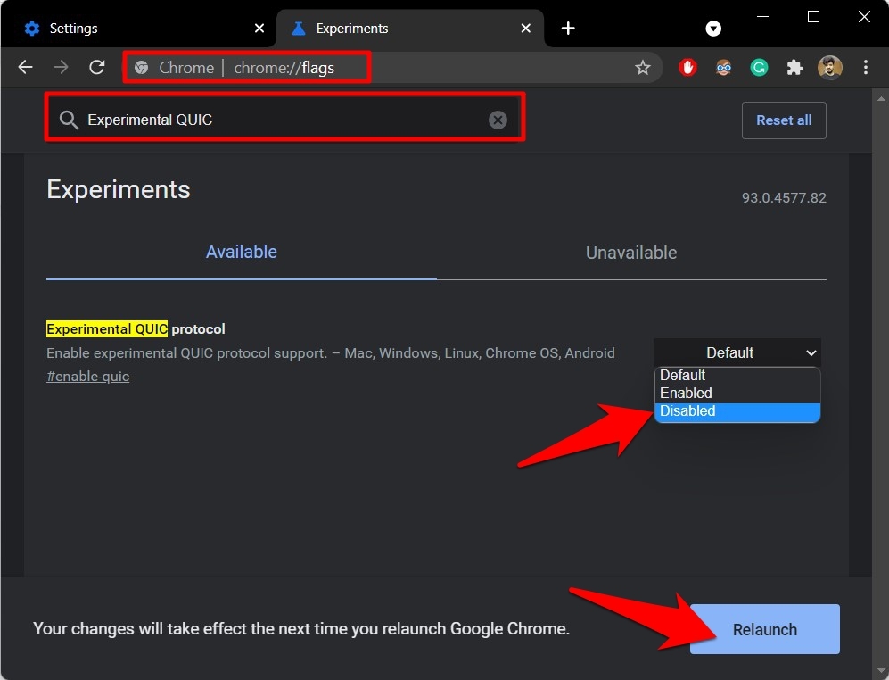 Disable QUIC Protocol Chrome Flag