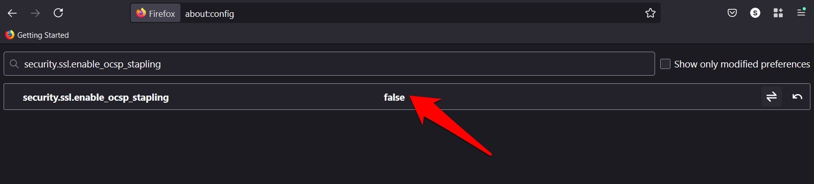 Disable security.ssl.enable_ocsp_stapling configuration in Firefox