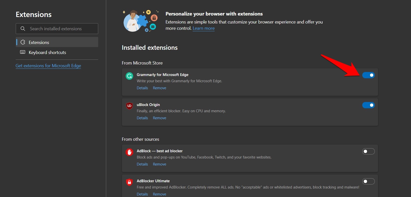 Disable the Browser extensions in Microsoft Edge browser