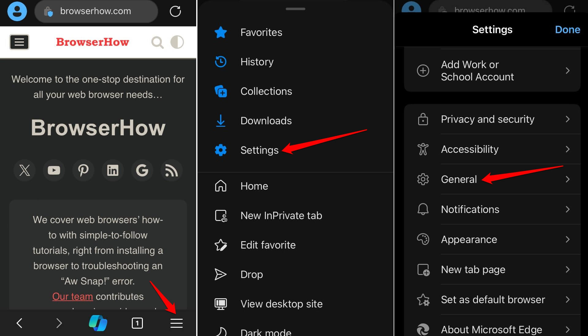 edge browser for iOS general settings