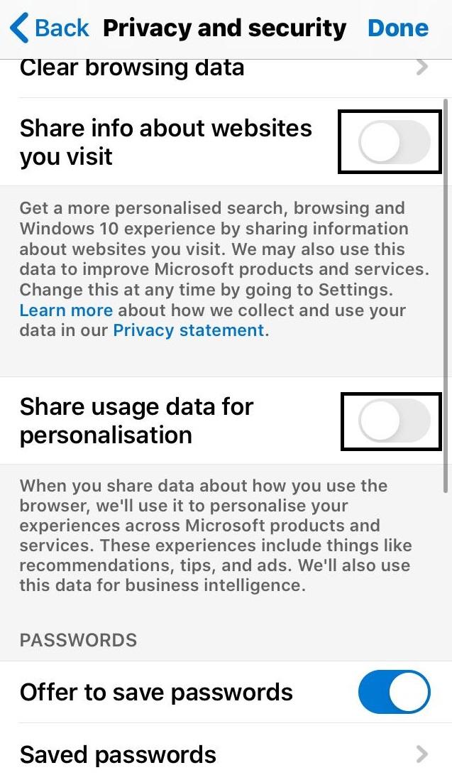 Edge iOS Share Data and Website Info with Microsoft