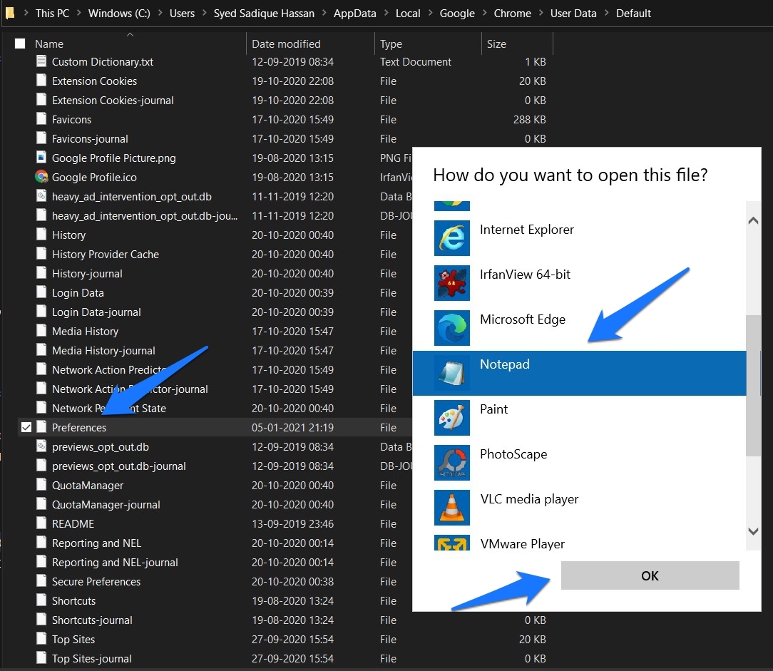 Edit Chrome Preferences file in Notepad Editor