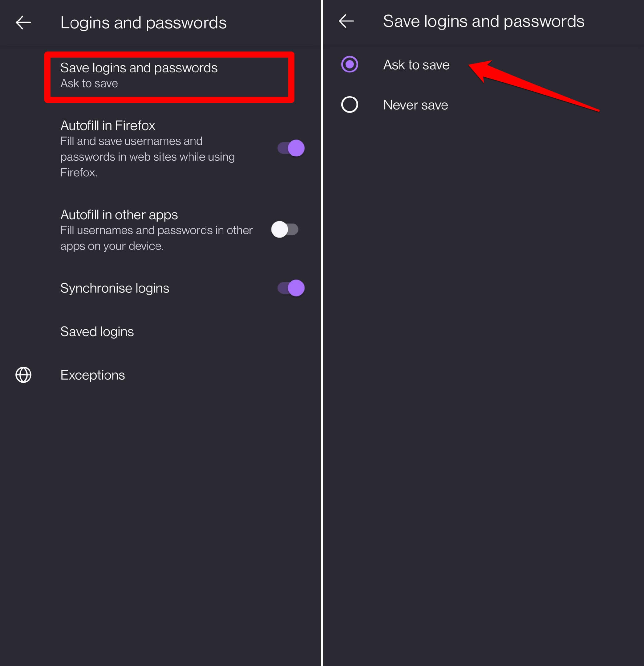 enable ask to save passwords 