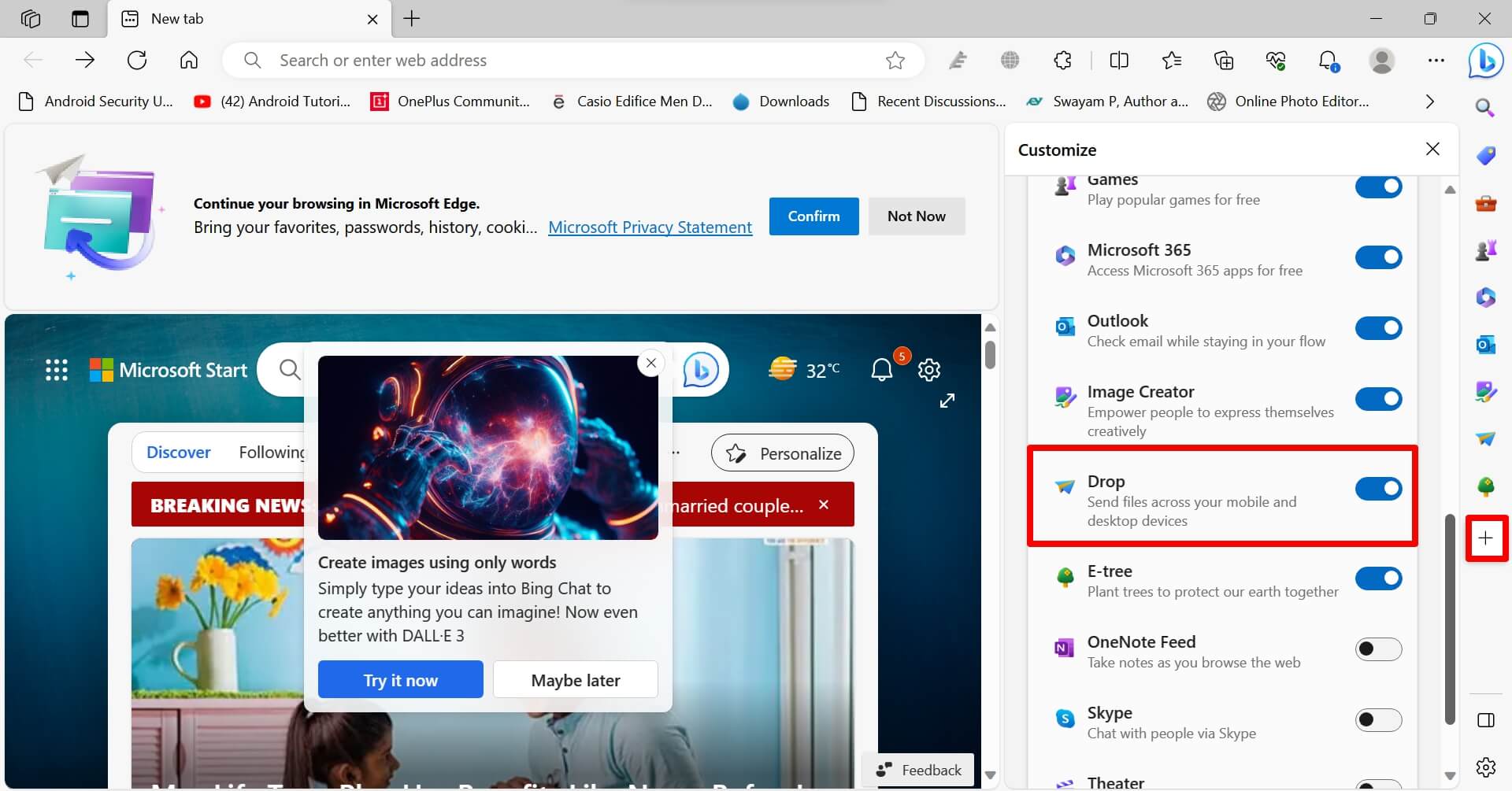 enable Drop on Microsoft Edge