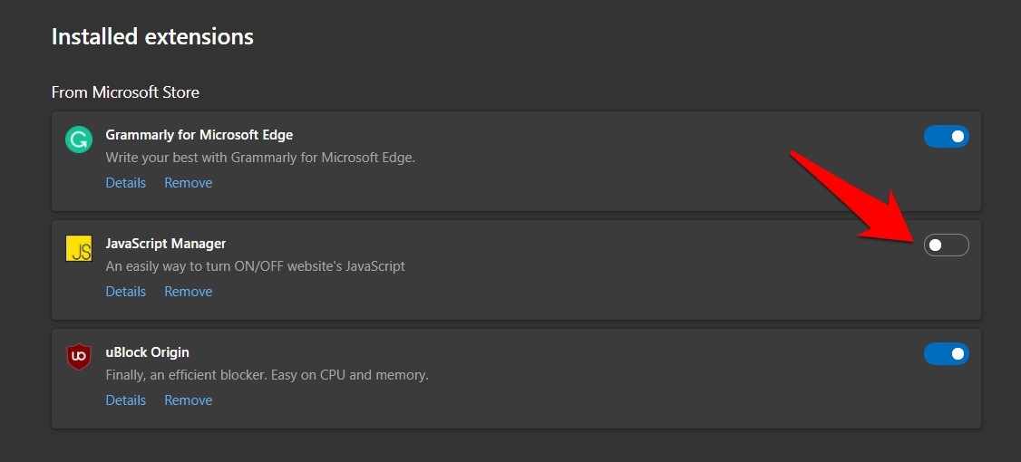Enable JavaScript Manager Extension in Microsoft Edge