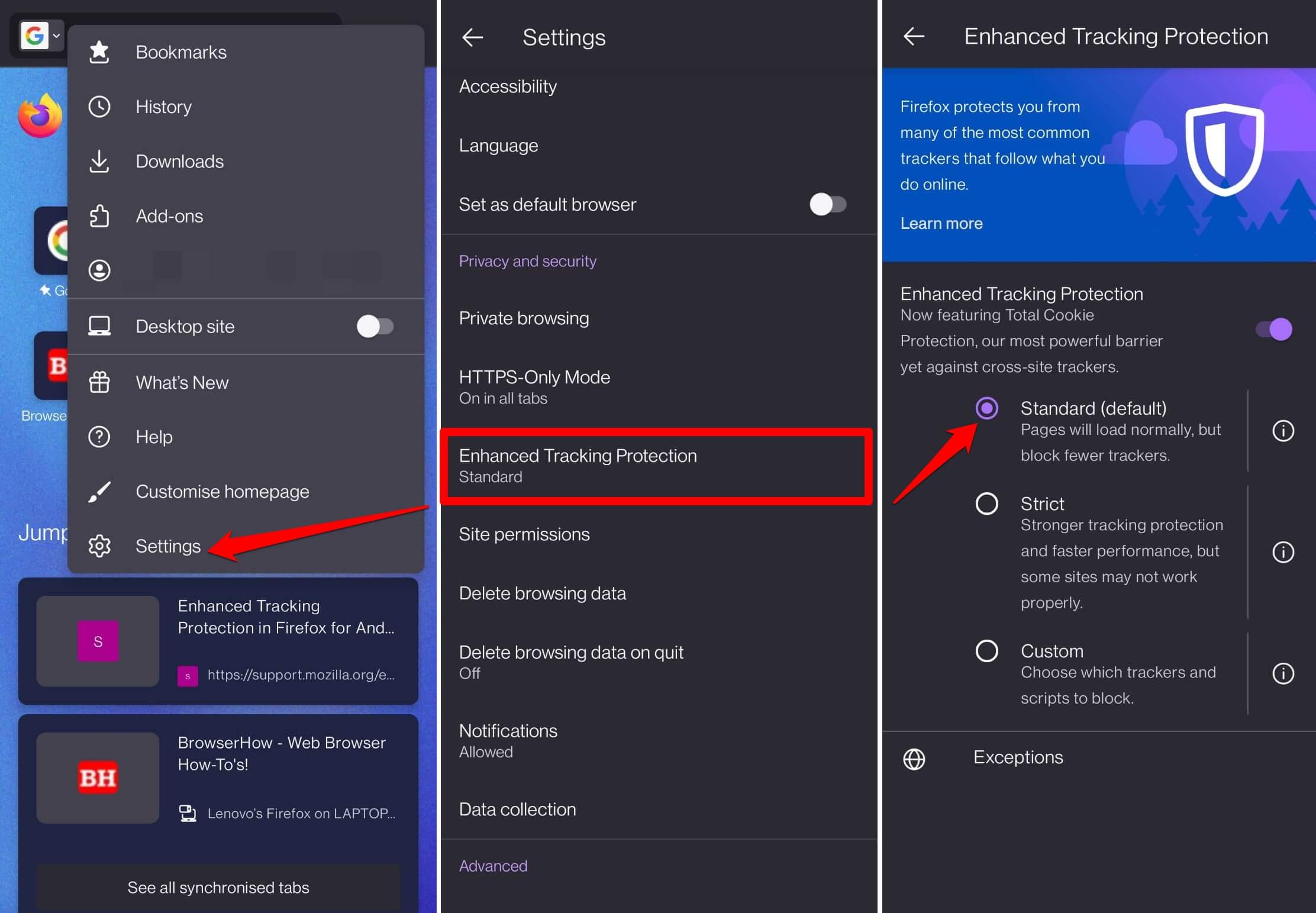 enable or disable enhanced tracking protection on Firefox