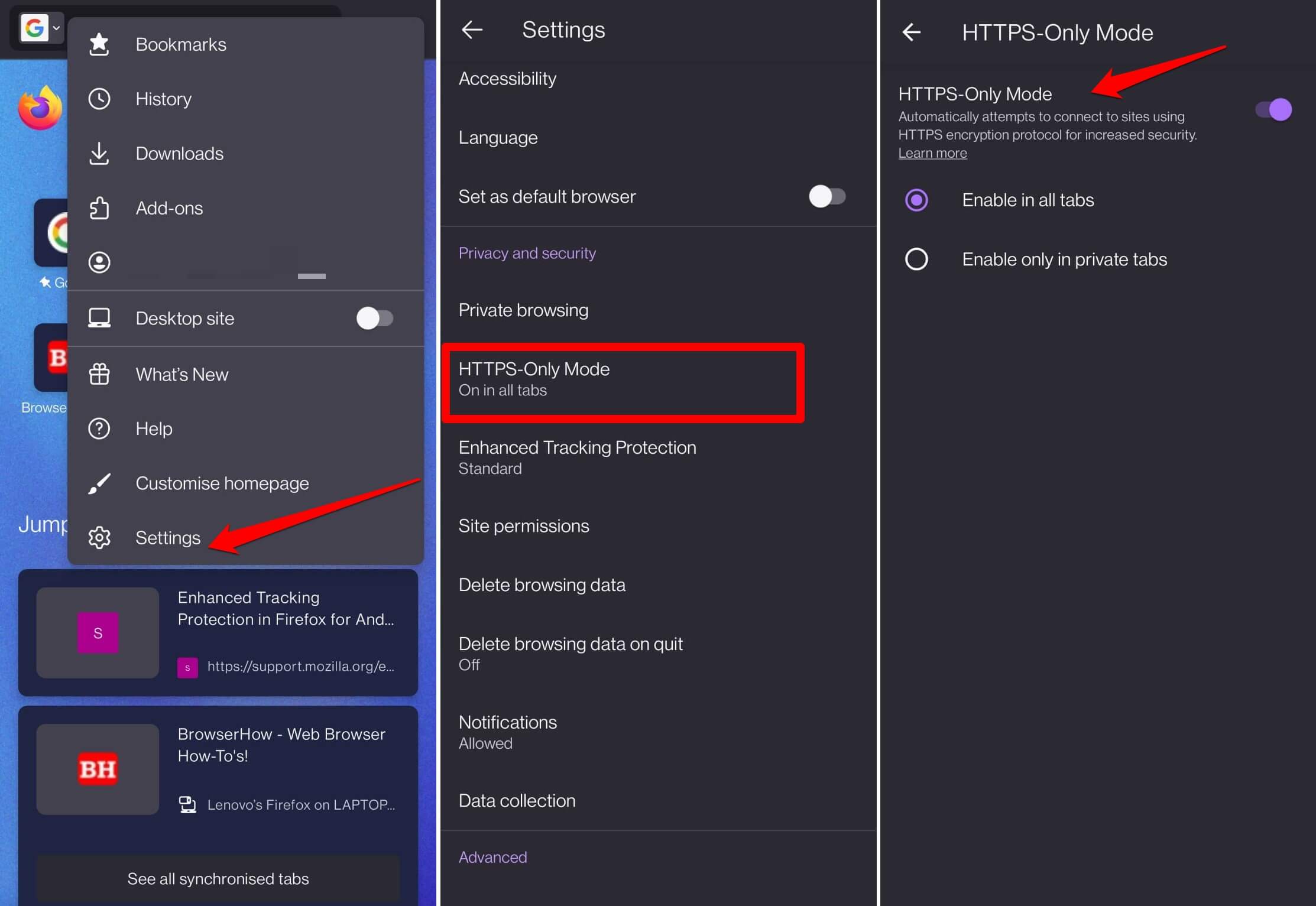 enable or disable HTTPS Mode on Firefox Android