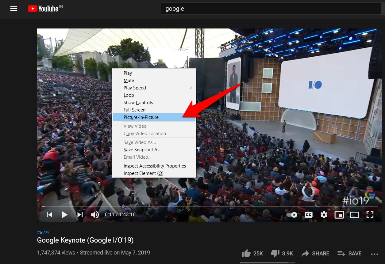 Enable Picture in Picture menu from the Context Options list