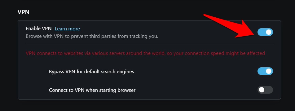 Enable VPN service in Opera browser computer