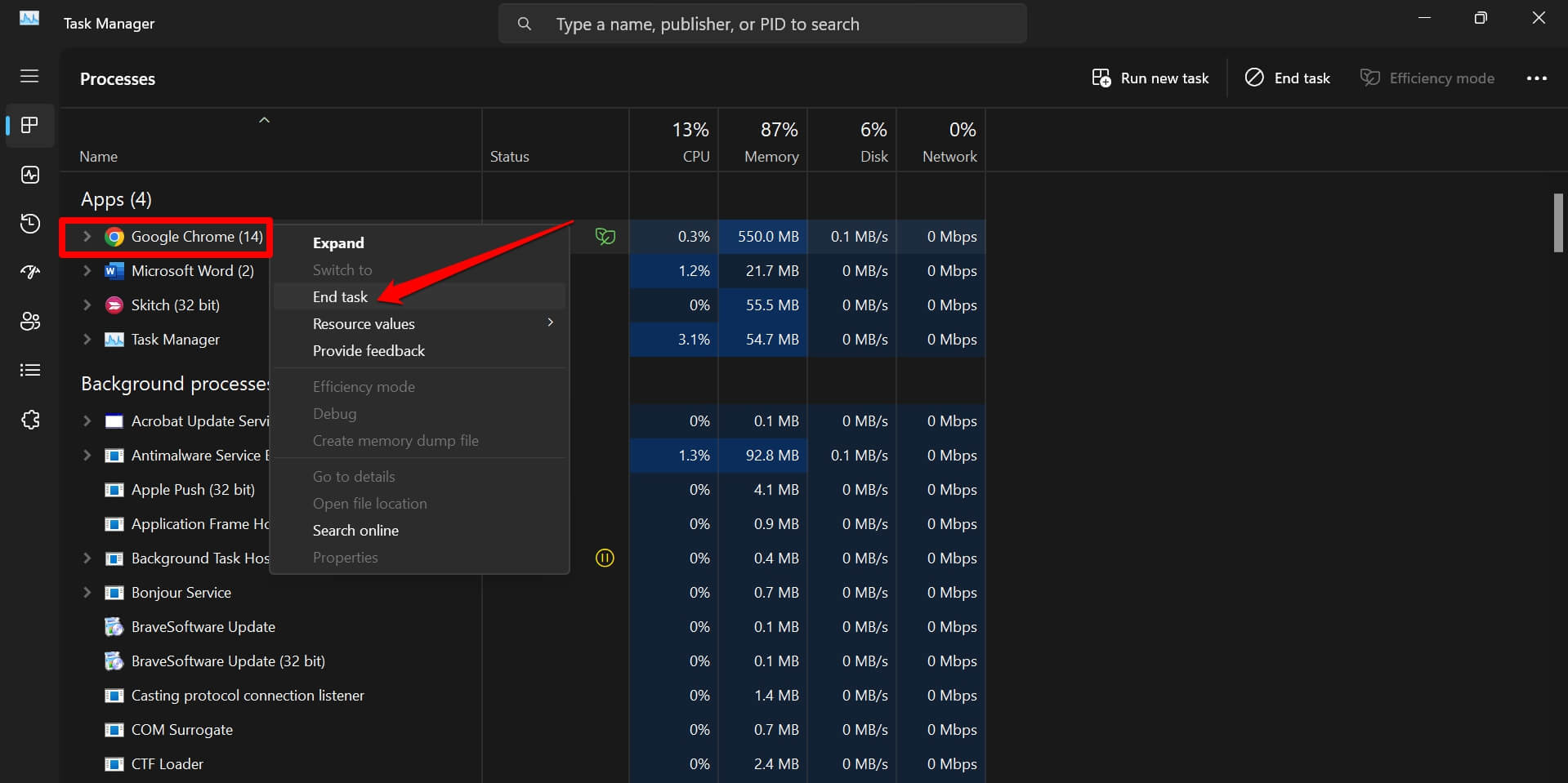 End Task for Google Chrome in Task Manager on Windows