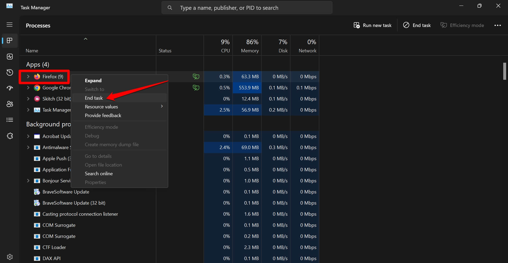 End Task for Mozilla Firefox on Task Manager
