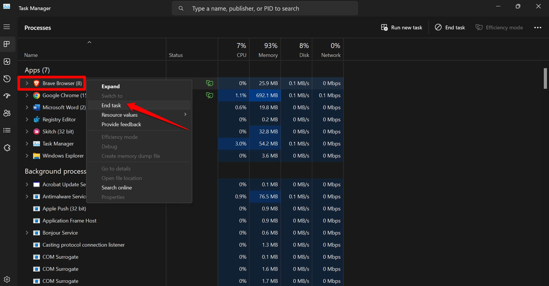 End Task of Brave browser from Windows Task Manager window