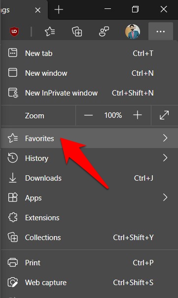 Favorites Menu option in Edge Computer browser