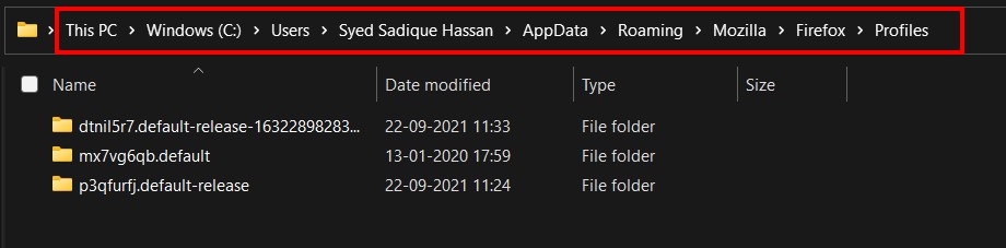 Firefox Computer Profile and App Data folder in Windows PC