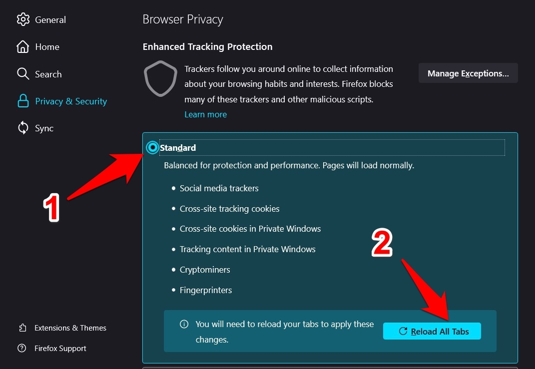 Firefox Enhanced Tracking Protection Standard Mode