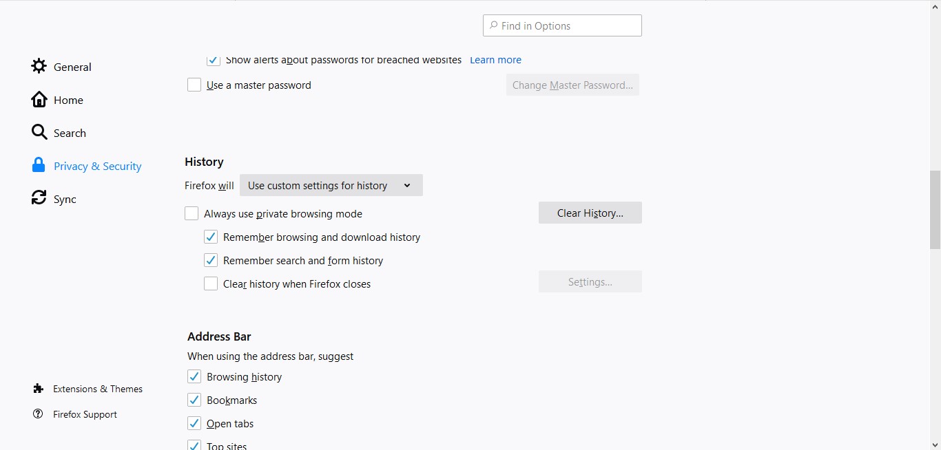 Firefox History and Always use Private Browsing Mode