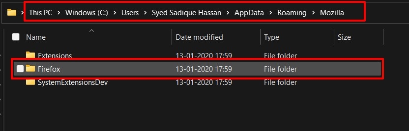 Firefox Local App Data Storage folder in Windows PC