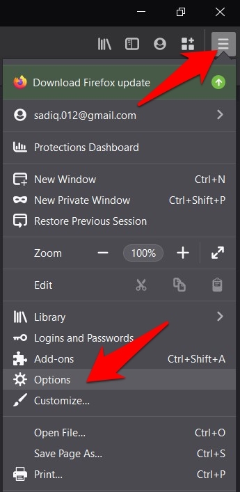 Firefox Options menu list