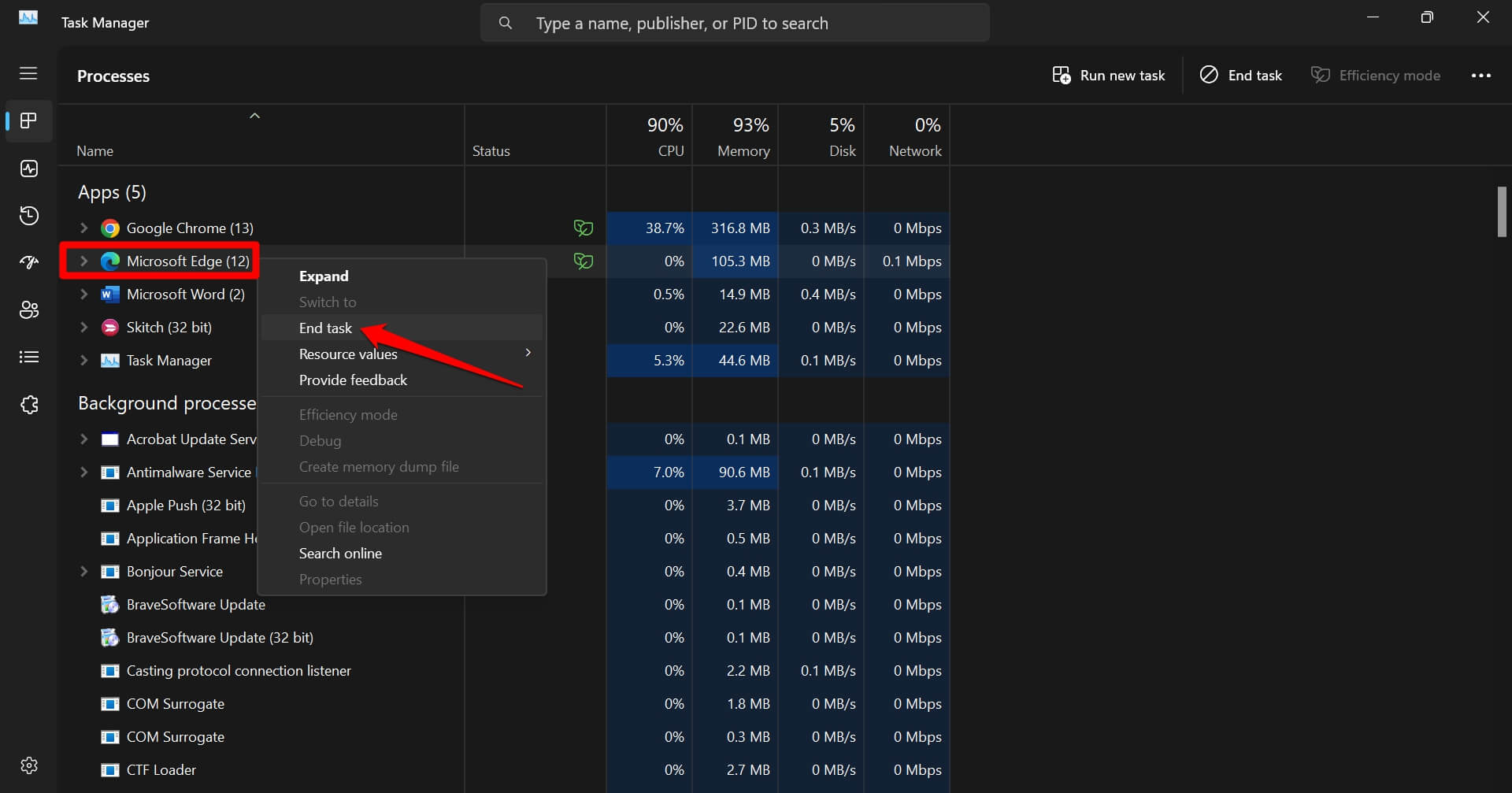 force close Edge browser