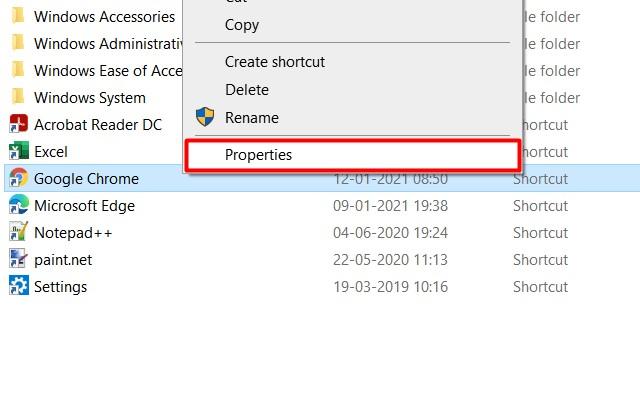 Google Chrome Shortcut Link Properties option