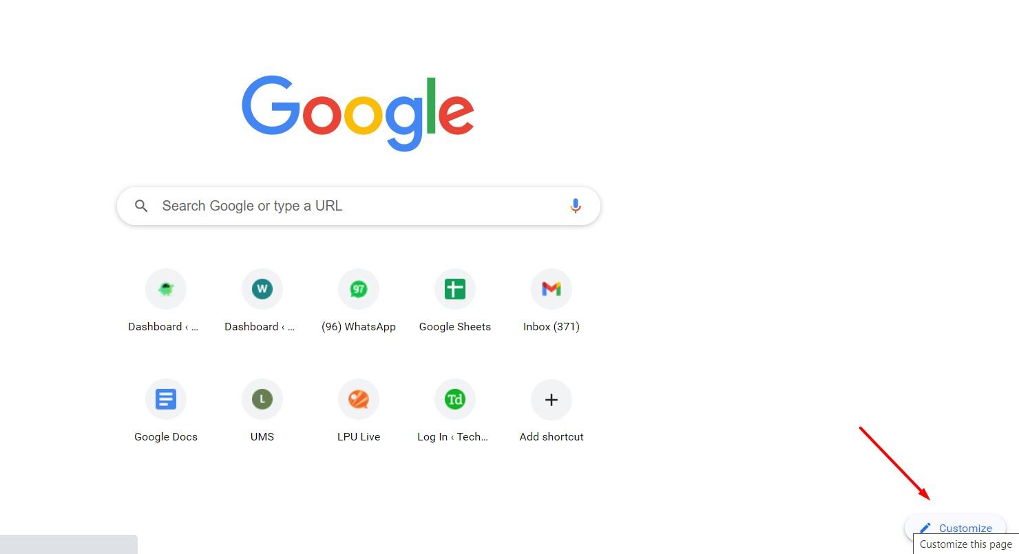 Google Search Engine Homepage Customize link