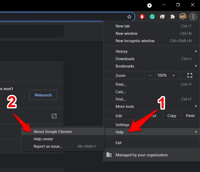 Help menu About Chrome option