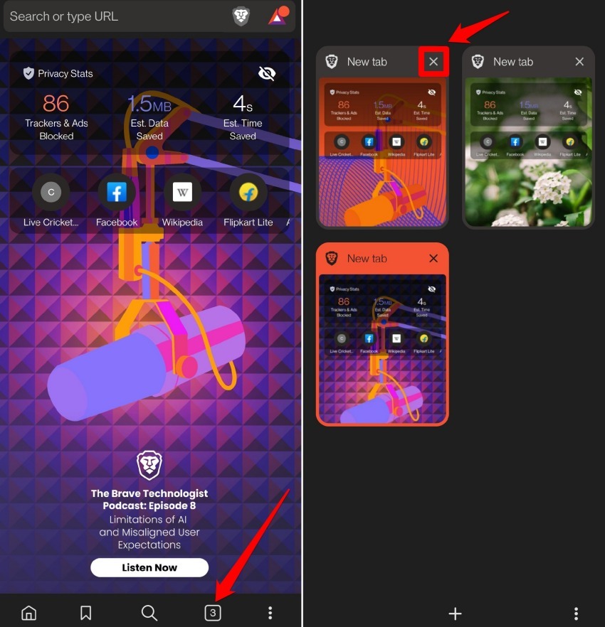 how to close a tab on Brave browser android app