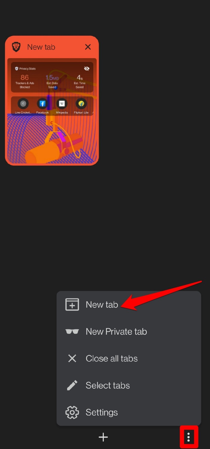 how to open a new tab on Brave browser for android