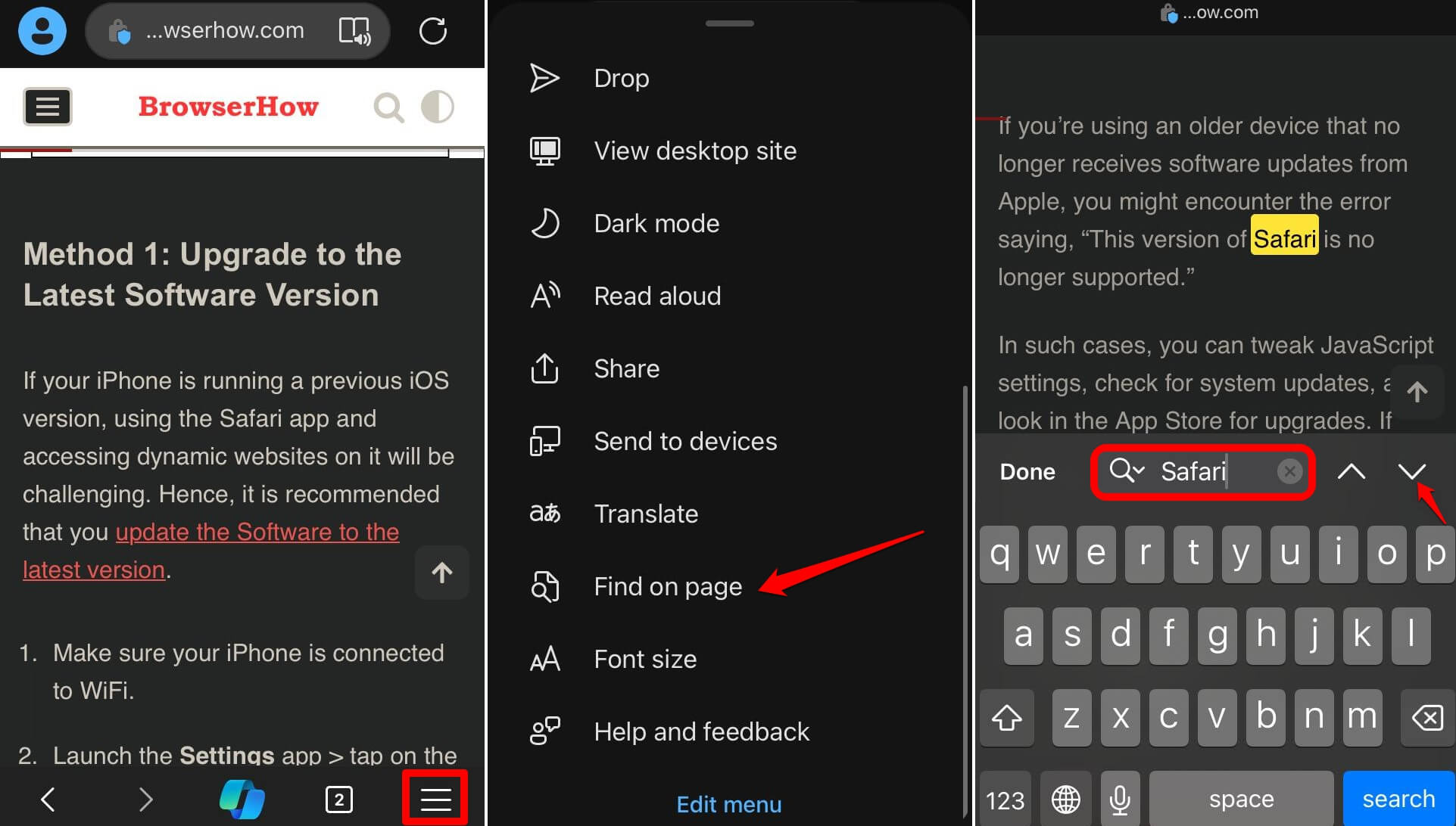 How to use Find On Page feature in Edge browser iOS