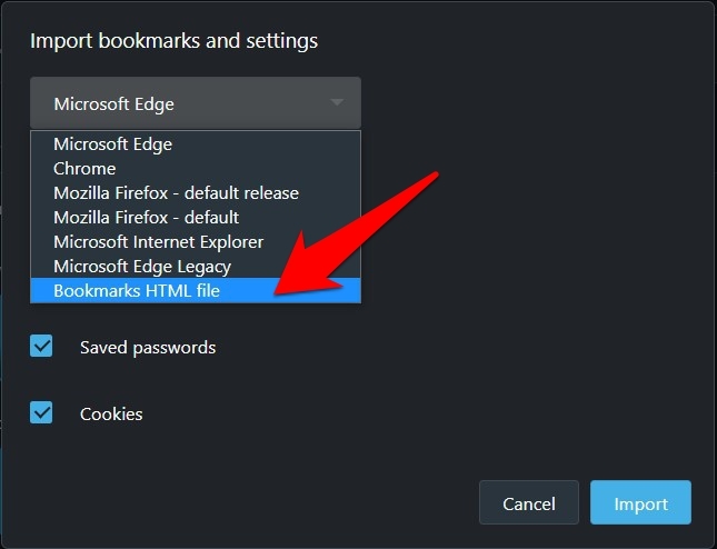 Import Bookmarks HTML file into Opera browser