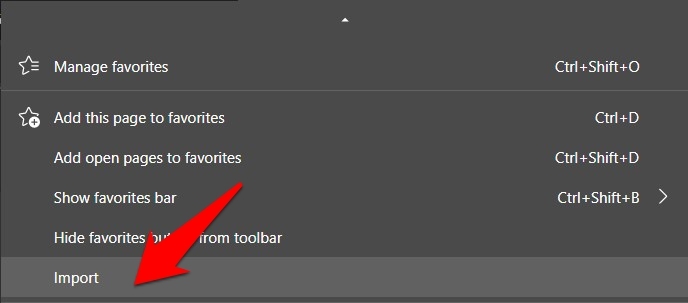 Import command option in Favorites menu on Edge Chromium