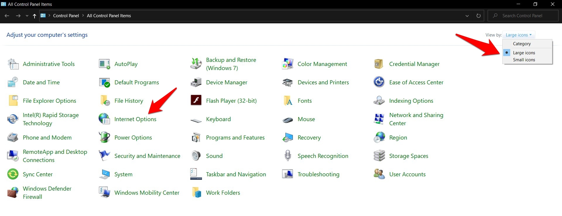 Internet Options menu in Windows
