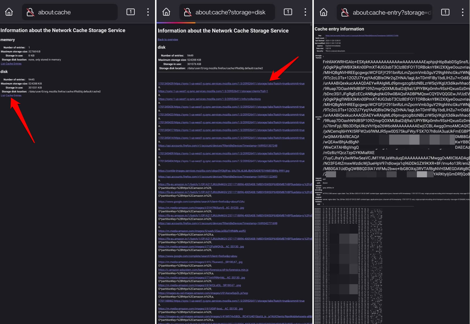 list cache entries on Firefox android 