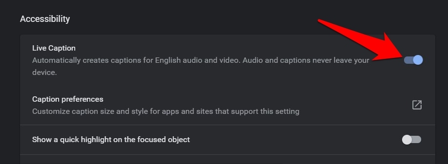 Live Caption Toggle button Enabled in Google Chrome accessibility