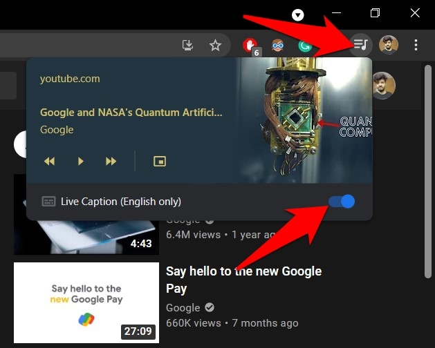 Live Caption Toggle button under Toolbar