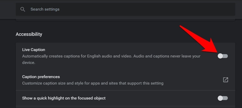 Live Caption Toggle Disabled in Google Chrome accessibility