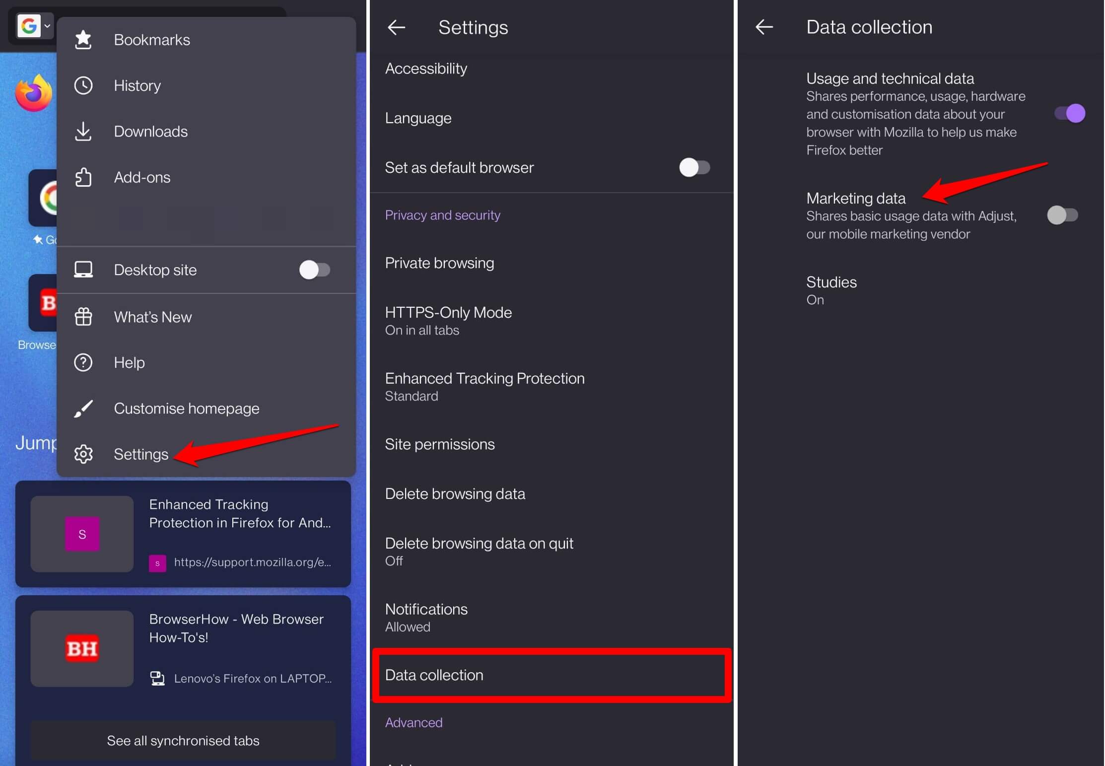 manage data collection in Firefox privacy settings