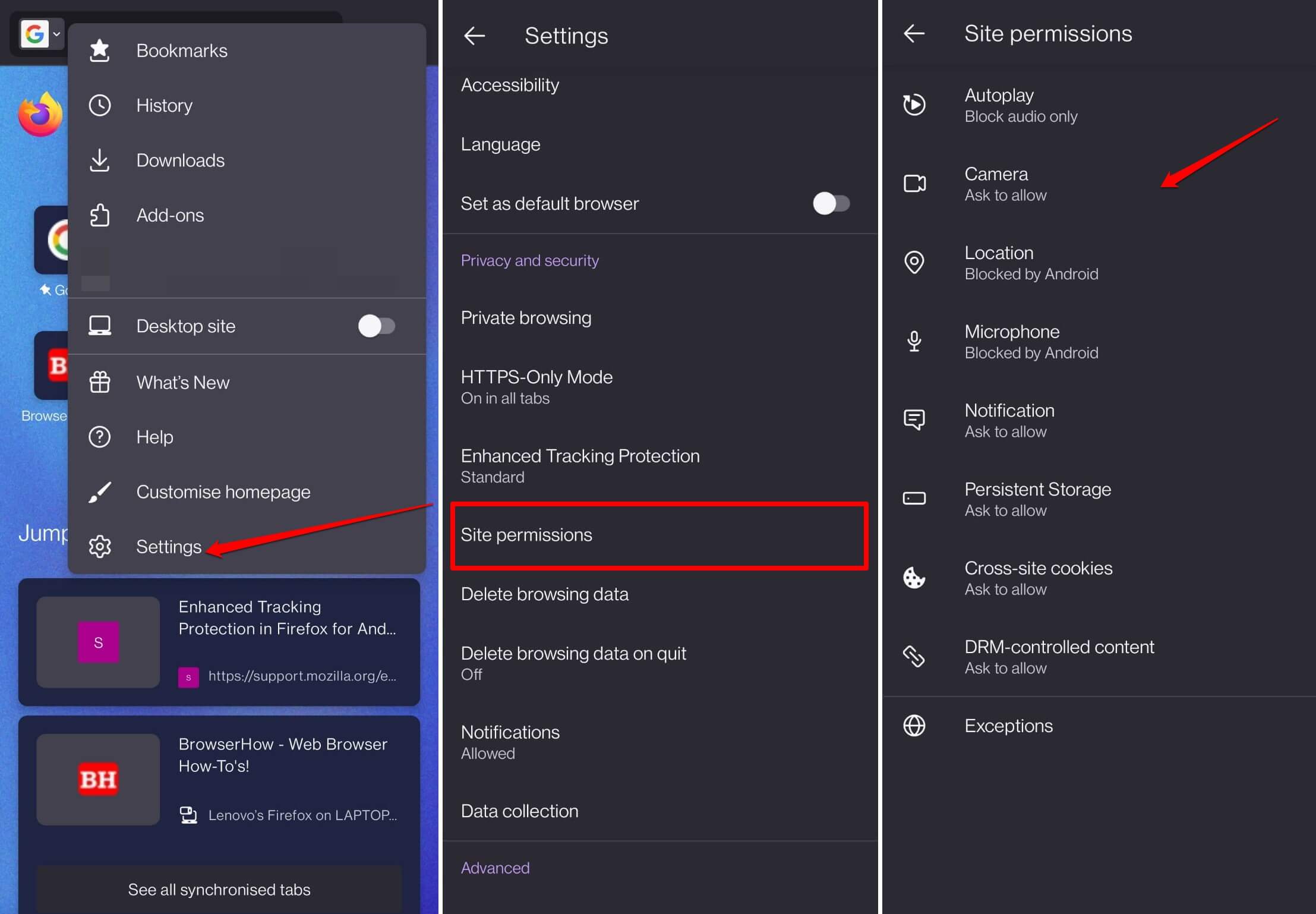 manage site permissions for Firefox Android
