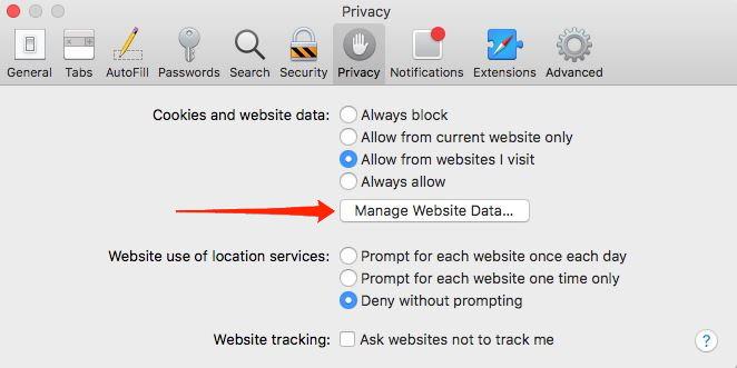 Manage Website Data option in Safari browser