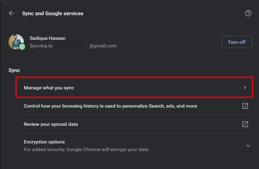 Manage what you sync option in chrome computer