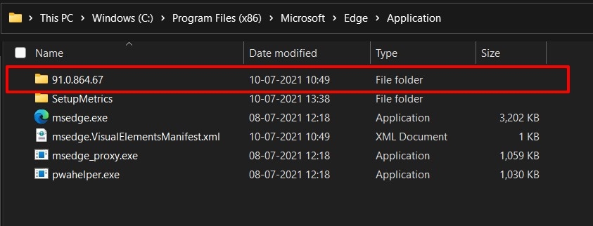 Microsoft Edge browser Version number application folder