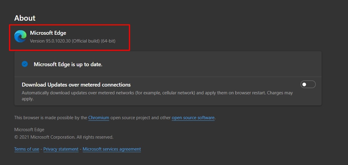 Microsoft Edge Build version number