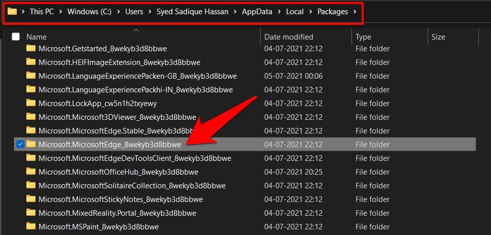 Microsoft Edge Package Folder in Windows OS