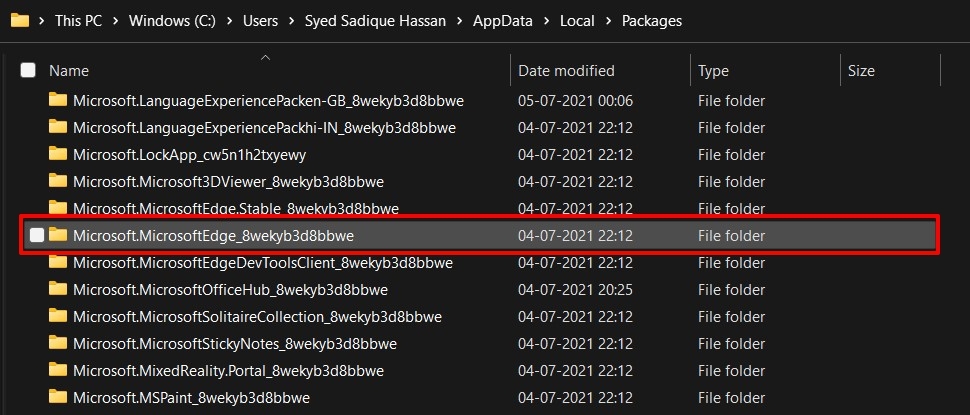 Microsoft Edge Package Local Data folder