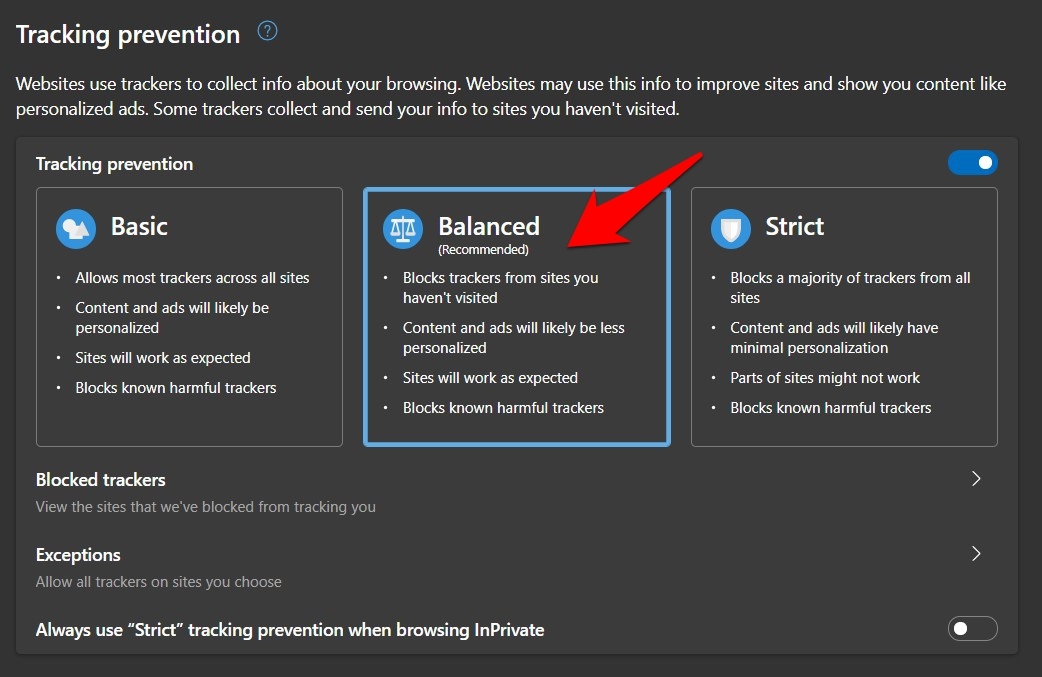 Microsoft Edge Privacy Settings Balanced