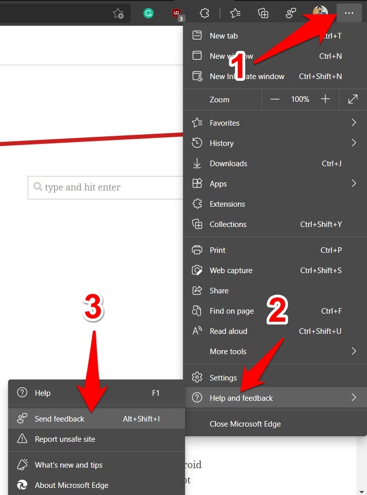 Microsoft Edge Send Feedback option menu